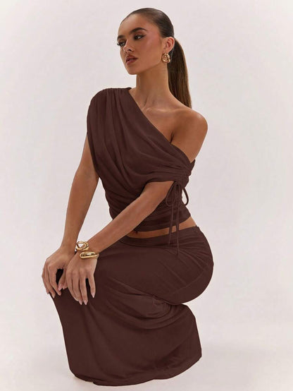SHEIN BAE Women's Solid Color Asymmetrical Neck Top And Skirt Casual 2 Pieces Set