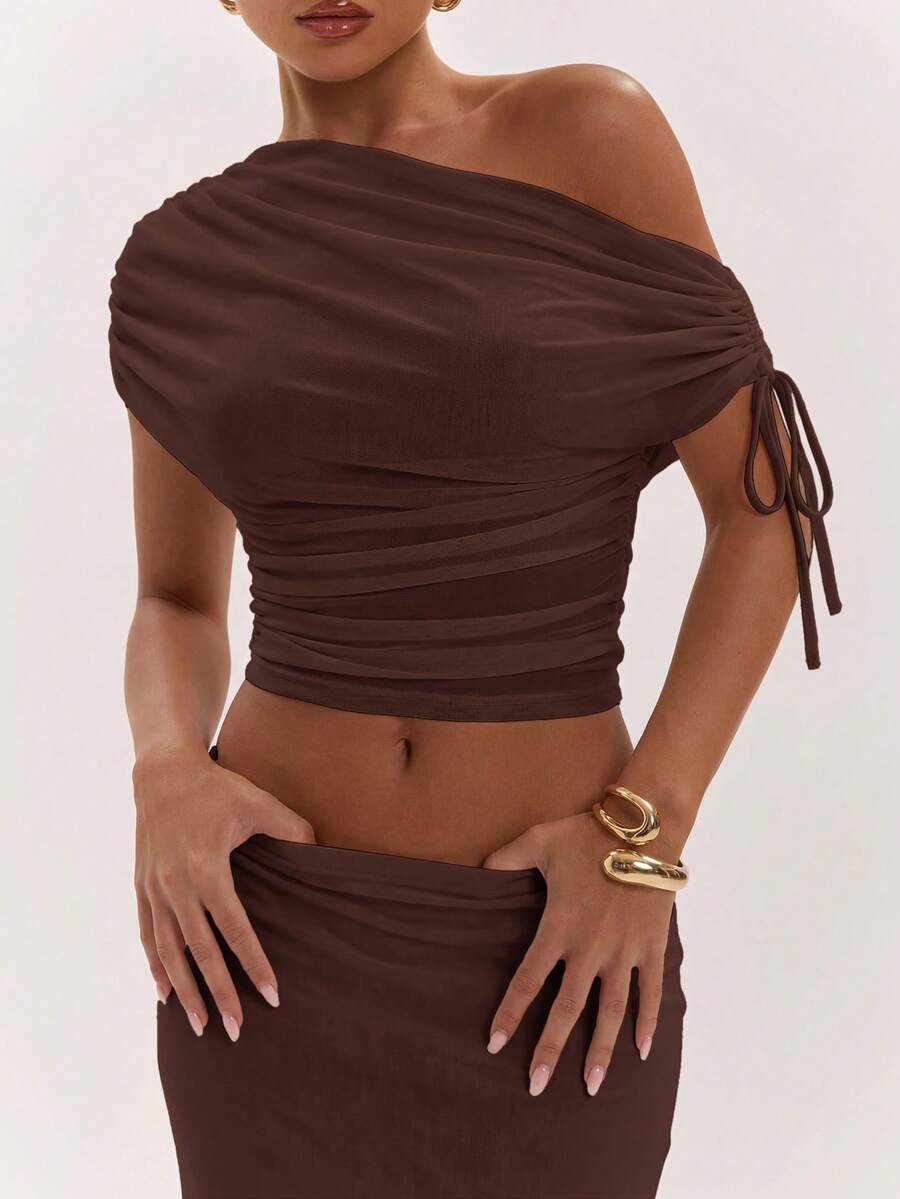 SHEIN BAE Women's Solid Color Asymmetrical Neck Top And Skirt Casual 2 Pieces Set
