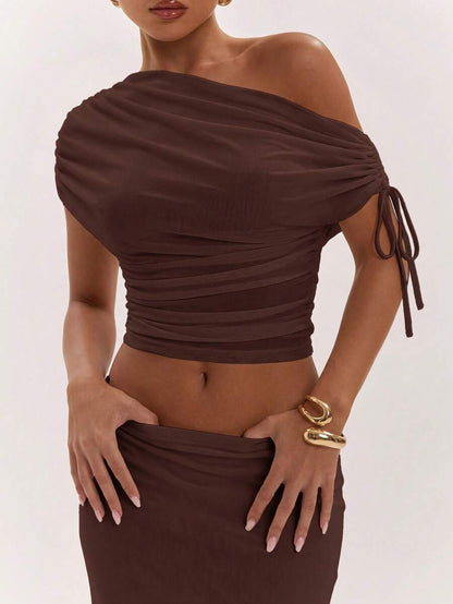 SHEIN BAE Women's Solid Color Asymmetrical Neck Top And Skirt Casual 2 Pieces Set
