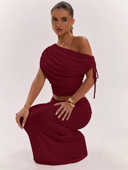 SHEIN BAE Women's Solid Color Asymmetrical Neck Top And Skirt Casual 2 Pieces Set