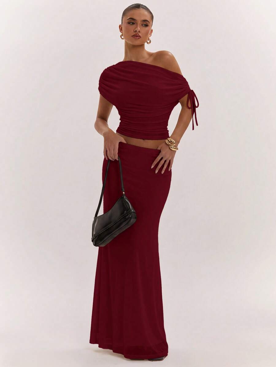 SHEIN BAE Women's Solid Color Asymmetrical Neck Top And Skirt Casual 2 Pieces Set