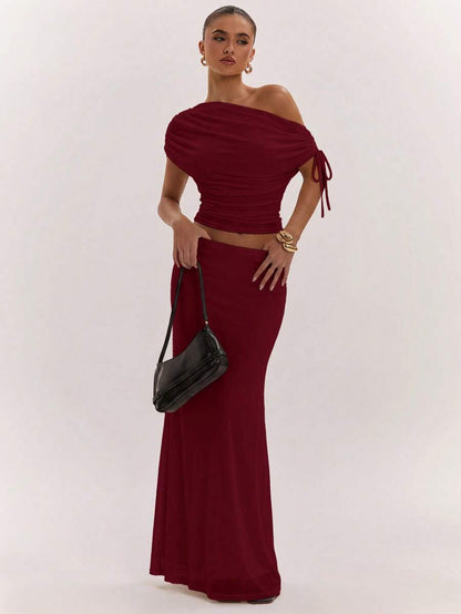 SHEIN BAE Women's Solid Color Asymmetrical Neck Top And Skirt Casual 2 Pieces Set