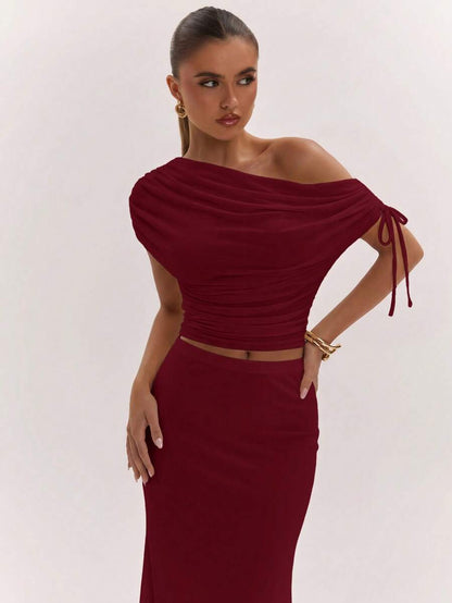 SHEIN BAE Women's Solid Color Asymmetrical Neck Top And Skirt Casual 2 Pieces Set