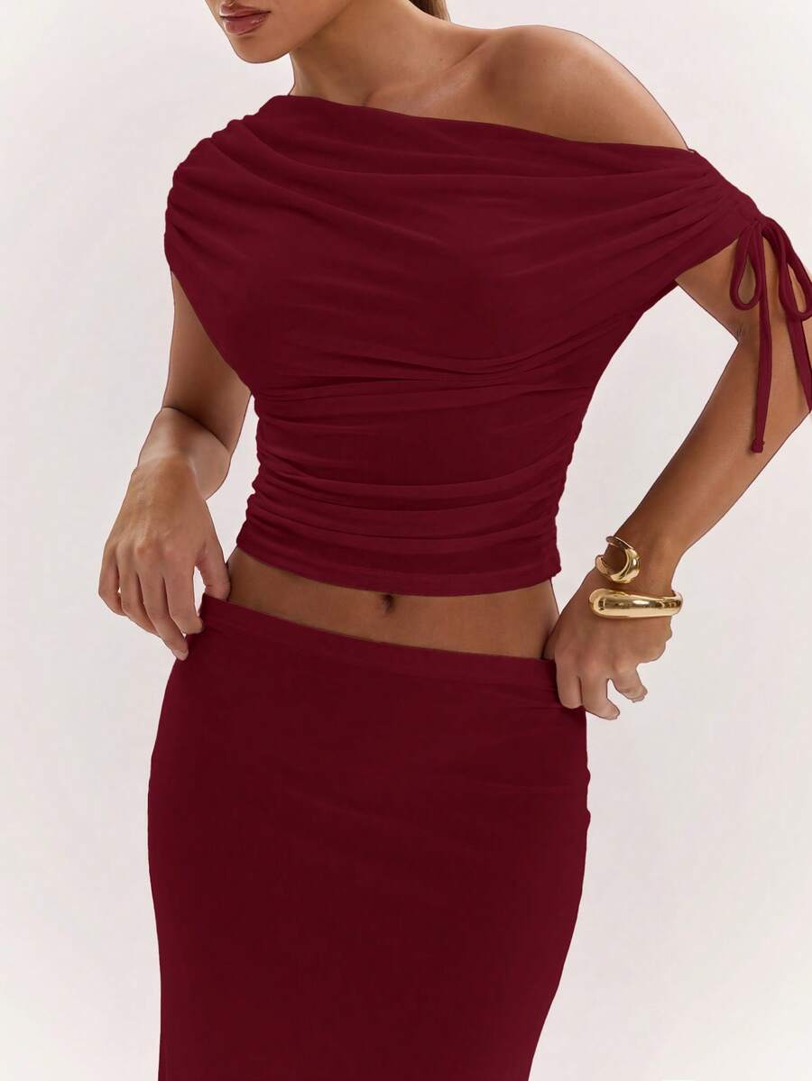 SHEIN BAE Women's Solid Color Asymmetrical Neck Top And Skirt Casual 2 Pieces Set