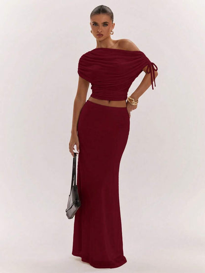 SHEIN BAE Women's Solid Color Asymmetrical Neck Top And Skirt Casual 2 Pieces Set