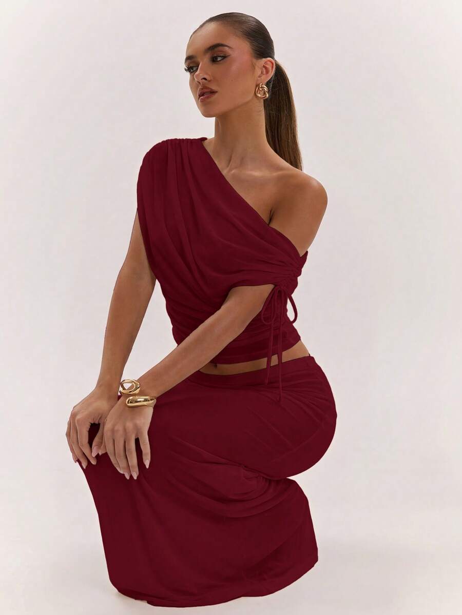 SHEIN BAE Women's Solid Color Asymmetrical Neck Top And Skirt Casual 2 Pieces Set