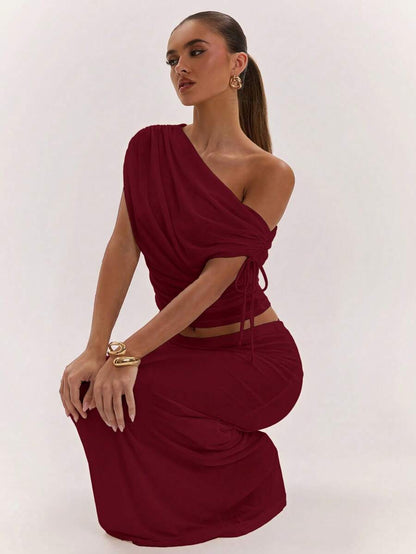 SHEIN BAE Women's Solid Color Asymmetrical Neck Top And Skirt Casual 2 Pieces Set