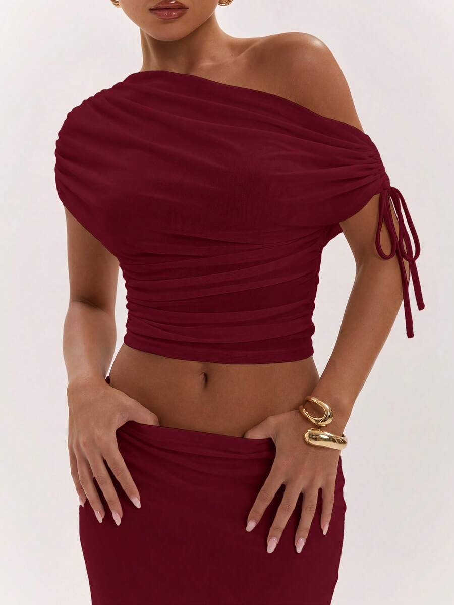 SHEIN BAE Women's Solid Color Asymmetrical Neck Top And Skirt Casual 2 Pieces Set