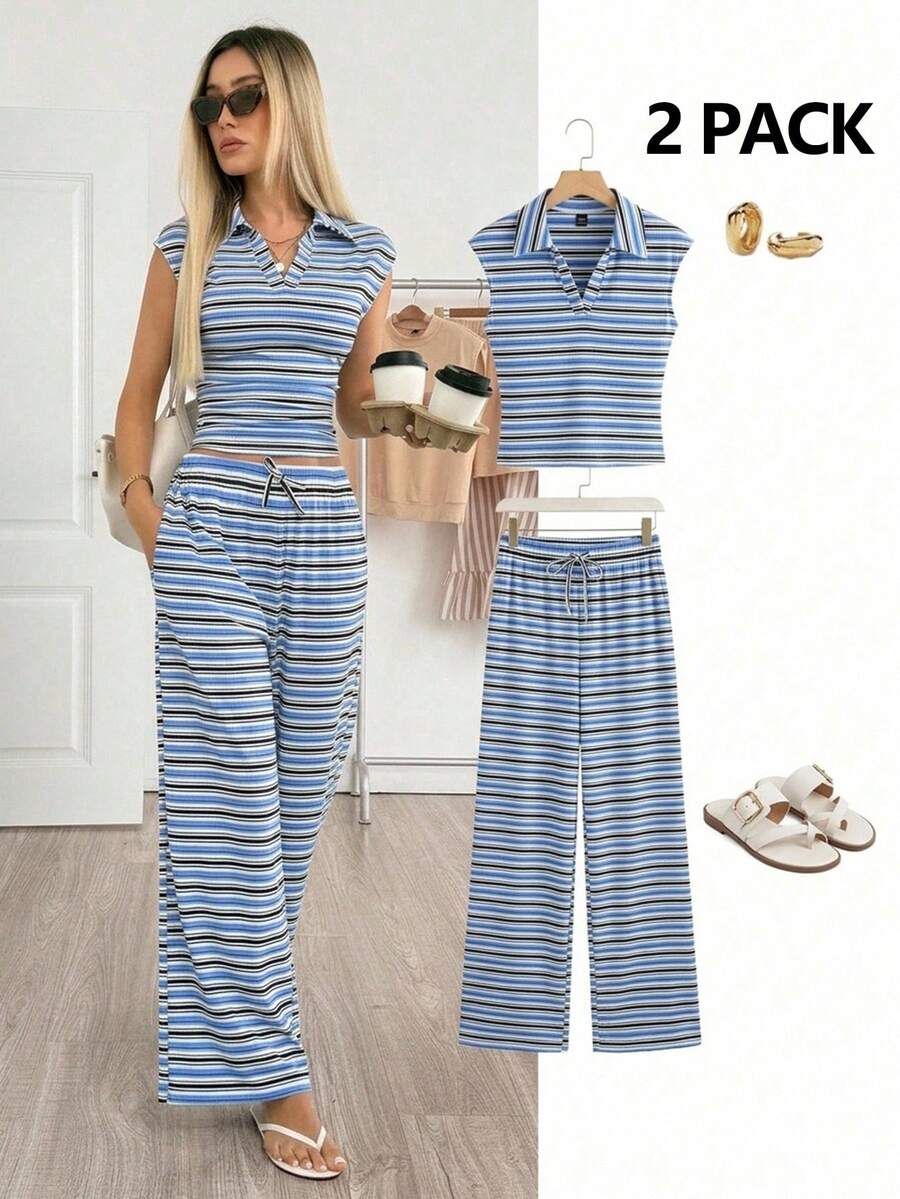Easowa Women's Casual Polo Collar Short Sleeve Top And Pants 2 Pieces Set,Summer Outfits For Women Brunch Dark Brown Brunch