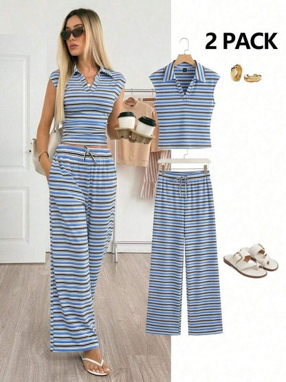 Easowa Women's Casual Polo Collar Short Sleeve Top And Pants 2 Pieces Set,Summer Outfits For Women Brunch Dark Brown Brunch