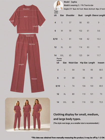 Women's 2 Pieces Casual Outfit, Comfortable Solid Color Short Sleeve Top Paired With Elastic Waist Pocket Pants, Soft Polyester-Spandex Fabric, Spring/Summer Elegant