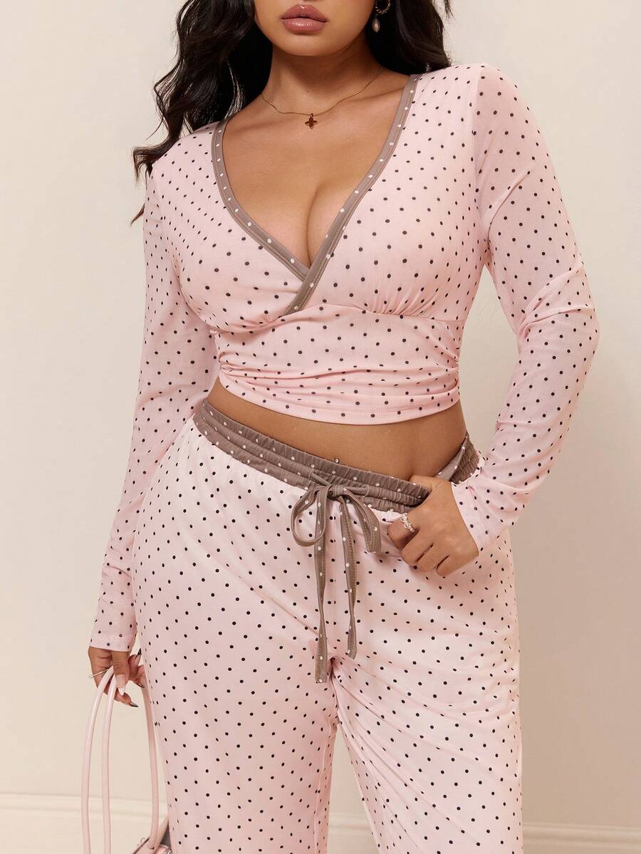GalTyme Plus Size Contrast Color Long Sleeve Top & Pants 2 Pieces Set,Cerise Pink,Autumn,Smart Casual,Everyday,Chic Elegant Y2k Party Christmas Vacation Fall