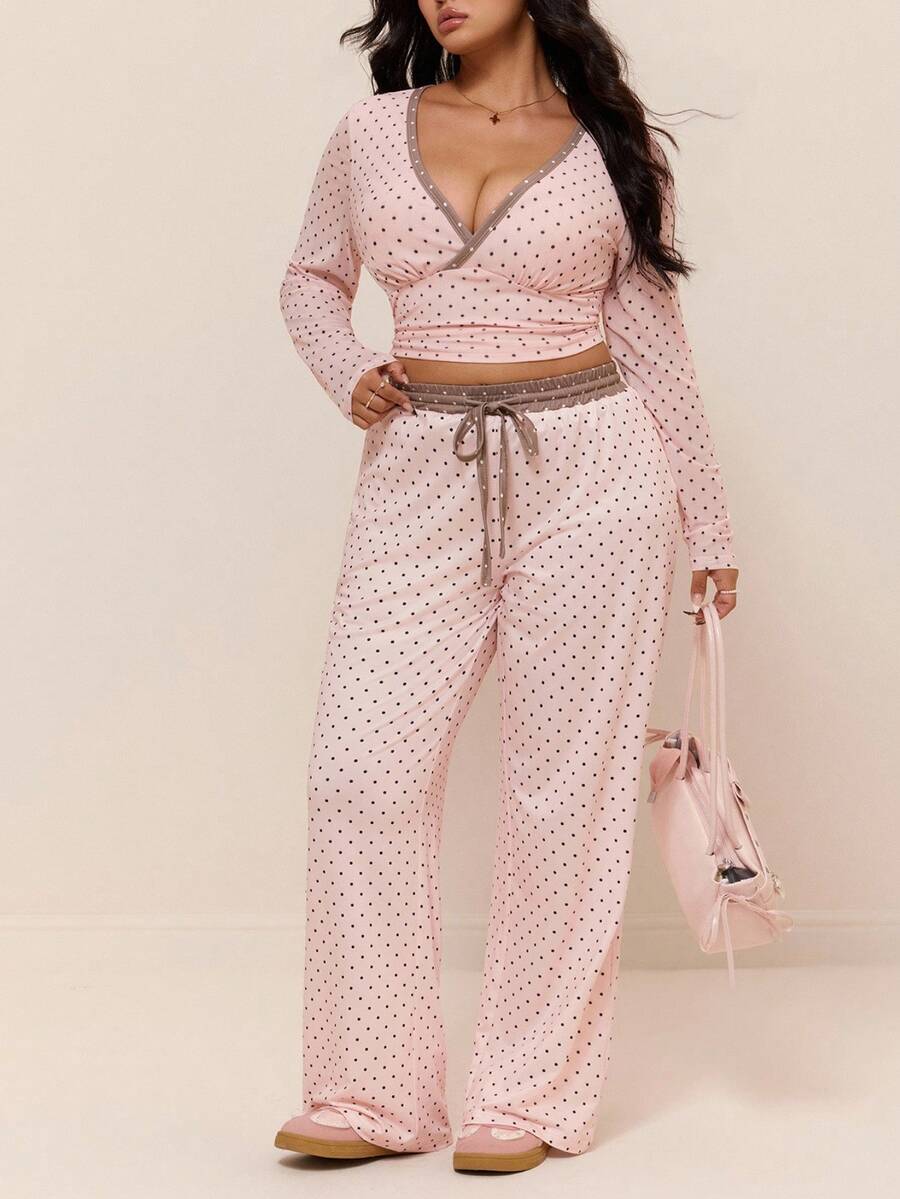 GalTyme Plus Size Contrast Color Long Sleeve Top & Pants 2 Pieces Set,Cerise Pink,Autumn,Smart Casual,Everyday,Chic Elegant Y2k Party Christmas Vacation Fall