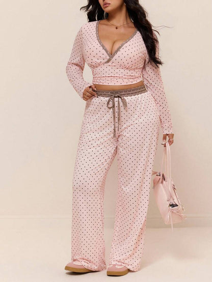 GalTyme Plus Size Contrast Color Long Sleeve Top & Pants 2 Pieces Set,Cerise Pink,Autumn,Smart Casual,Everyday,Chic Elegant Y2k Party Christmas Vacation Fall
