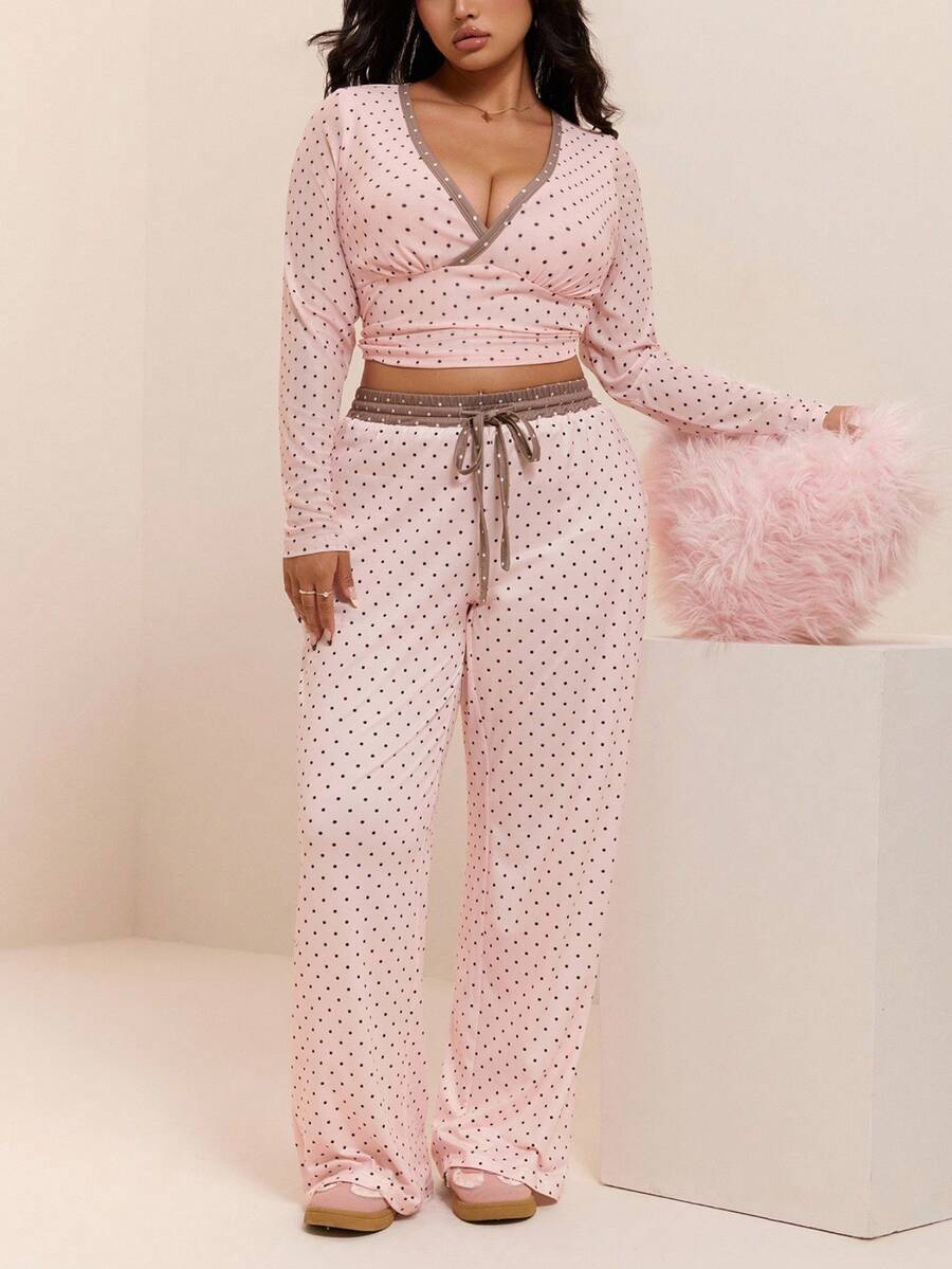 GalTyme Plus Size Contrast Color Long Sleeve Top & Pants 2 Pieces Set,Cerise Pink,Autumn,Smart Casual,Everyday,Chic Elegant Y2k Party Christmas Vacation Fall
