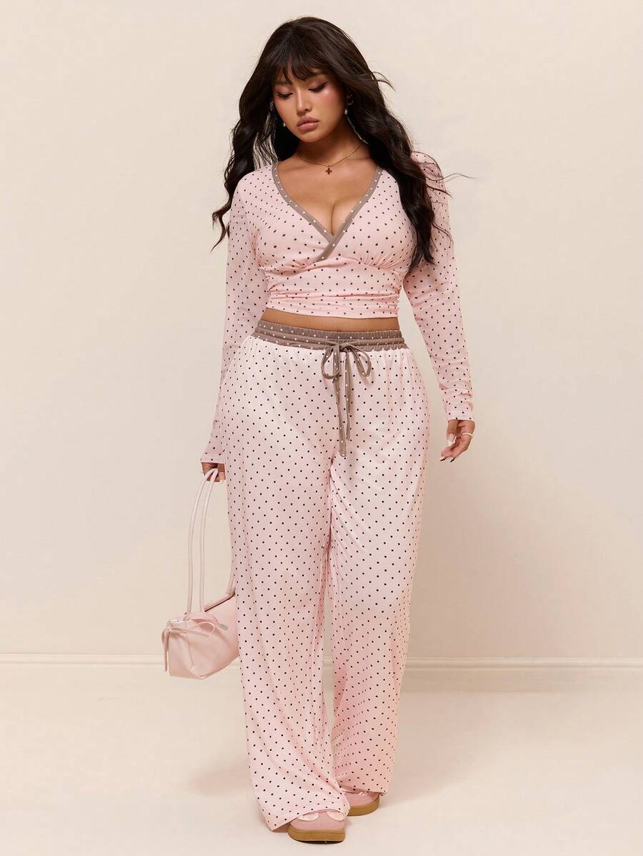 GalTyme Plus Size Contrast Color Long Sleeve Top & Pants 2 Pieces Set,Cerise Pink,Autumn,Smart Casual,Everyday,Chic Elegant Y2k Party Christmas Vacation Fall