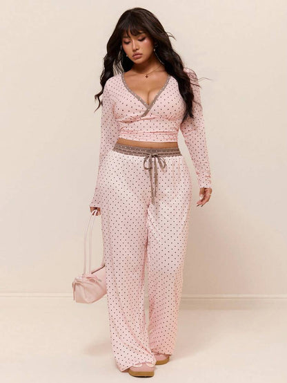 GalTyme Plus Size Contrast Color Long Sleeve Top & Pants 2 Pieces Set,Cerise Pink,Autumn,Smart Casual,Everyday,Chic Elegant Y2k Party Christmas Vacation Fall
