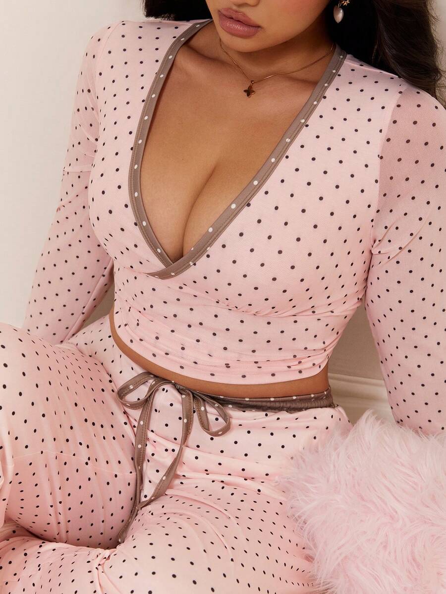 GalTyme Plus Size Contrast Color Long Sleeve Top & Pants 2 Pieces Set,Cerise Pink,Autumn,Smart Casual,Everyday,Chic Elegant Y2k Party Christmas Vacation Fall