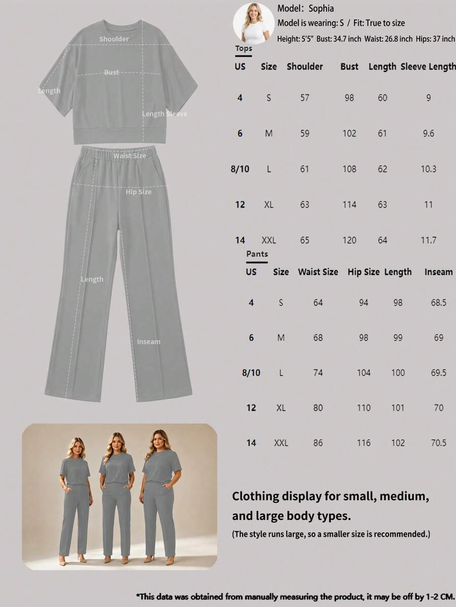 Women's 2 Pieces Casual Outfit, Comfortable Solid Color Short Sleeve Top Paired With Elastic Waist Pocket Pants, Soft Polyester-Spandex Fabric, Spring/Summer Elegant