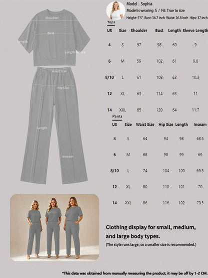 Women's 2 Pieces Casual Outfit, Comfortable Solid Color Short Sleeve Top Paired With Elastic Waist Pocket Pants, Soft Polyester-Spandex Fabric, Spring/Summer Elegant