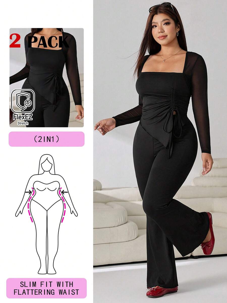 GalTyme Plus Size Women's Casual Asymmetrical Hem Tie Top And Flared Leg Pants Set Fall