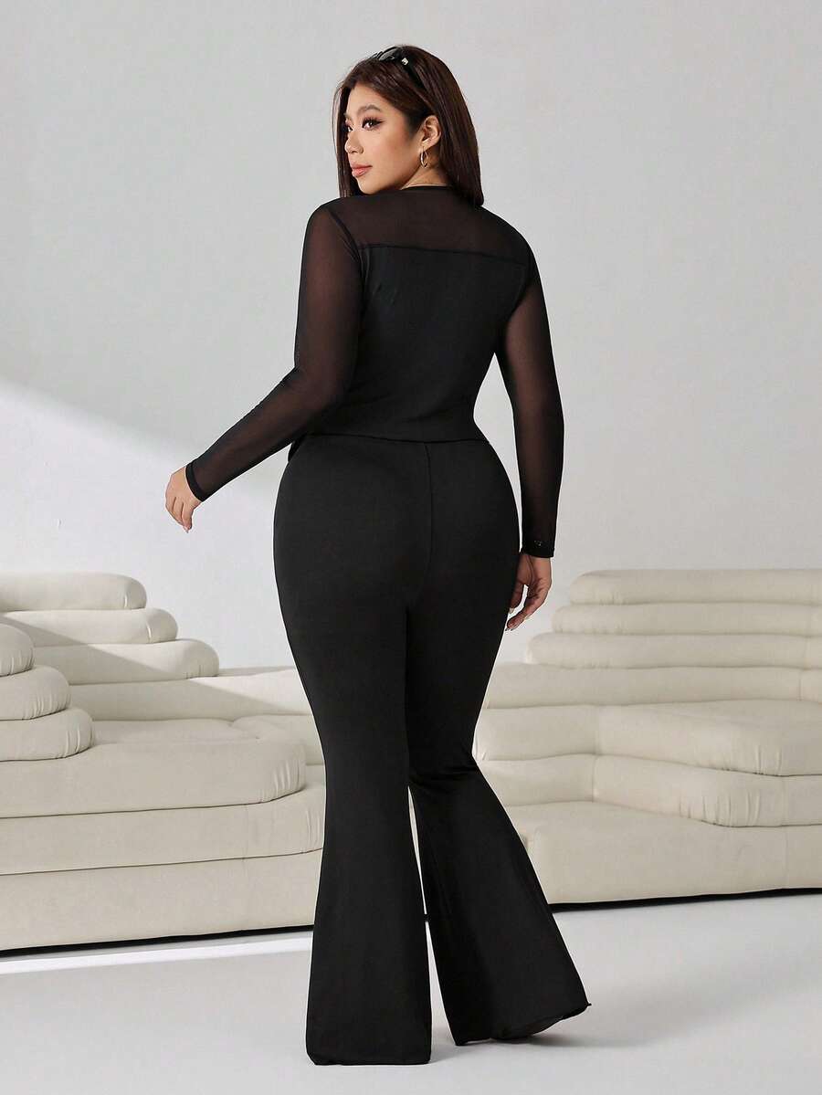 GalTyme Plus Size Women's Casual Asymmetrical Hem Tie Top And Flared Leg Pants Set Fall