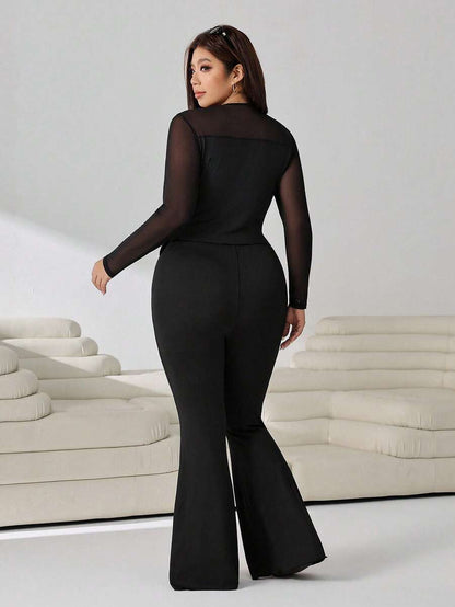 GalTyme Plus Size Women's Casual Asymmetrical Hem Tie Top And Flared Leg Pants Set Fall