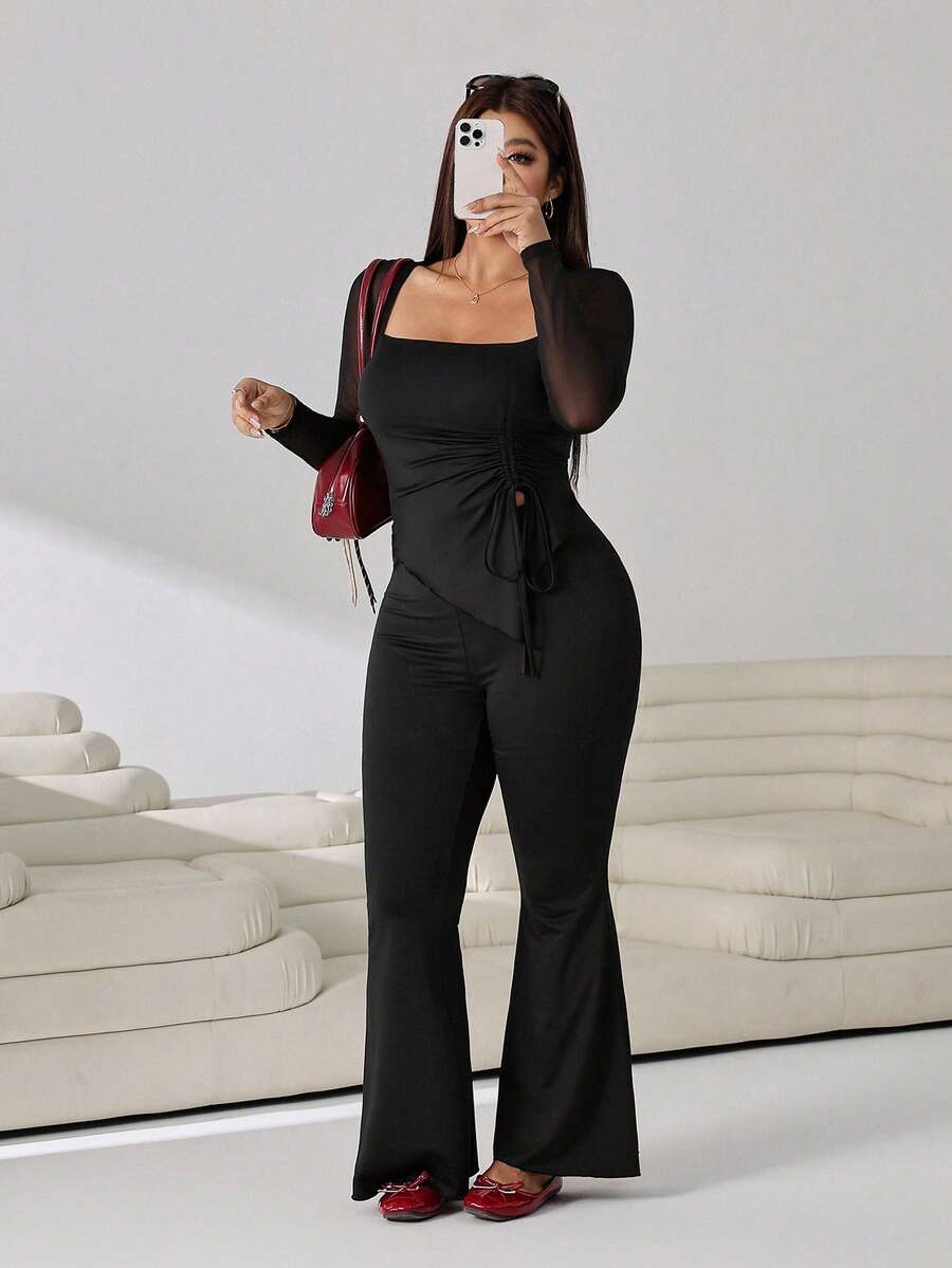 GalTyme Plus Size Women's Casual Asymmetrical Hem Tie Top And Flared Leg Pants Set Fall