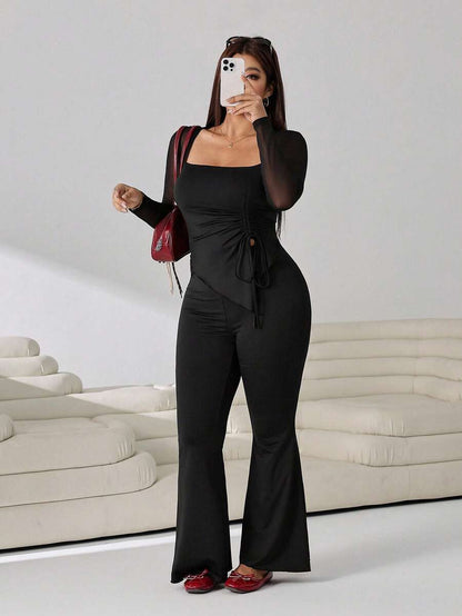 GalTyme Plus Size Women's Casual Asymmetrical Hem Tie Top And Flared Leg Pants Set Fall