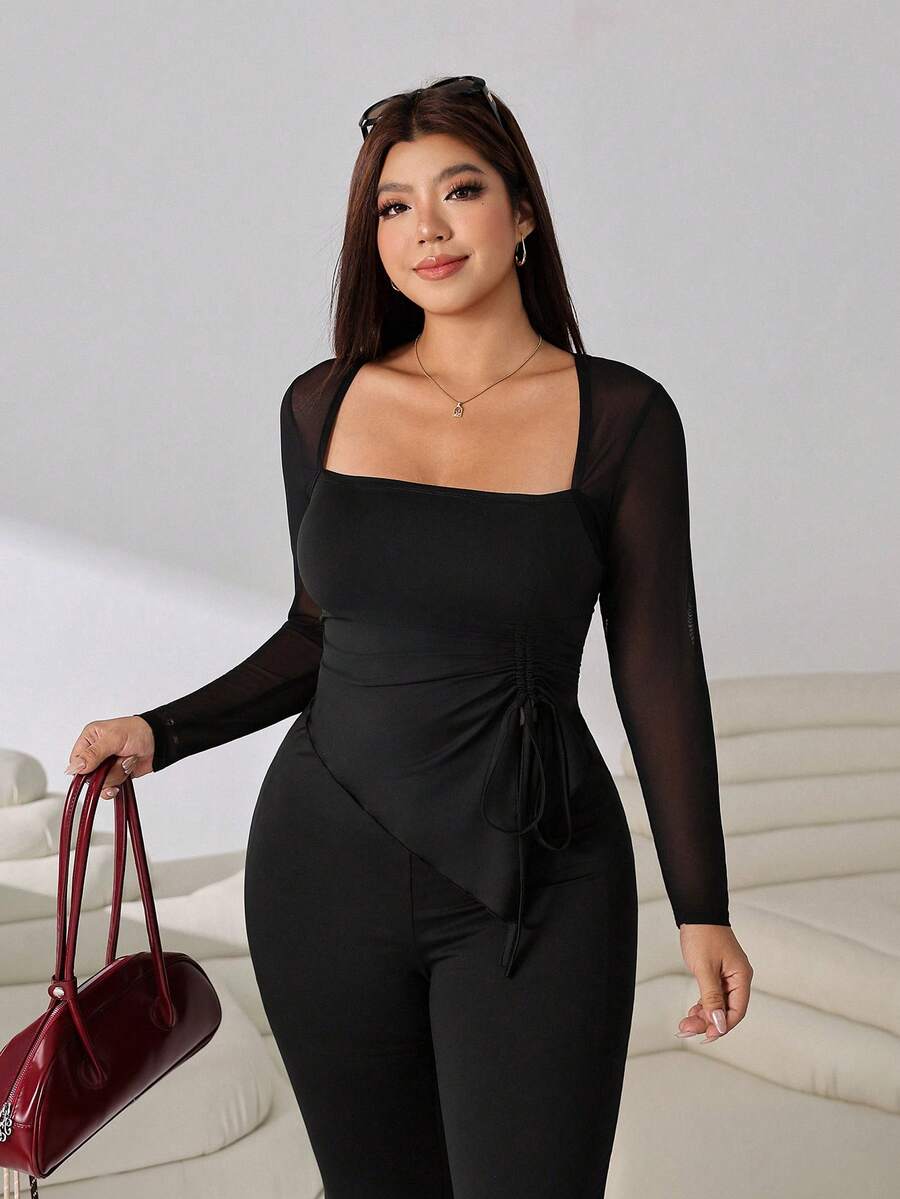GalTyme Plus Size Women's Casual Asymmetrical Hem Tie Top And Flared Leg Pants Set Fall