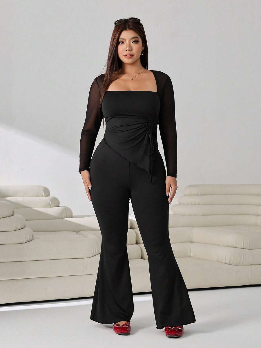 GalTyme Plus Size Women's Casual Asymmetrical Hem Tie Top And Flared Leg Pants Set Fall