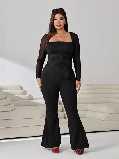GalTyme Plus Size Women's Casual Asymmetrical Hem Tie Top And Flared Leg Pants Set Fall