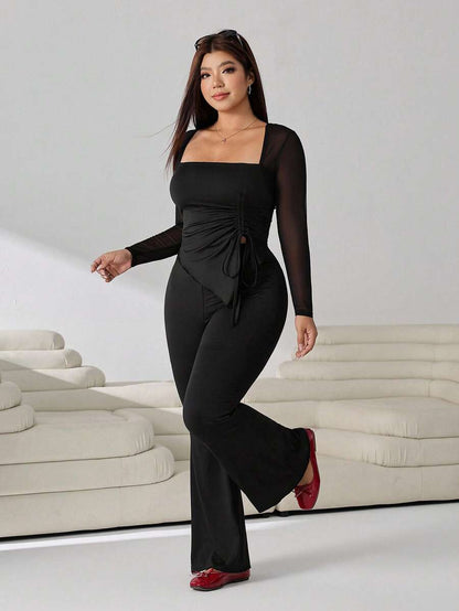 GalTyme Plus Size Women's Casual Asymmetrical Hem Tie Top And Flared Leg Pants Set Fall