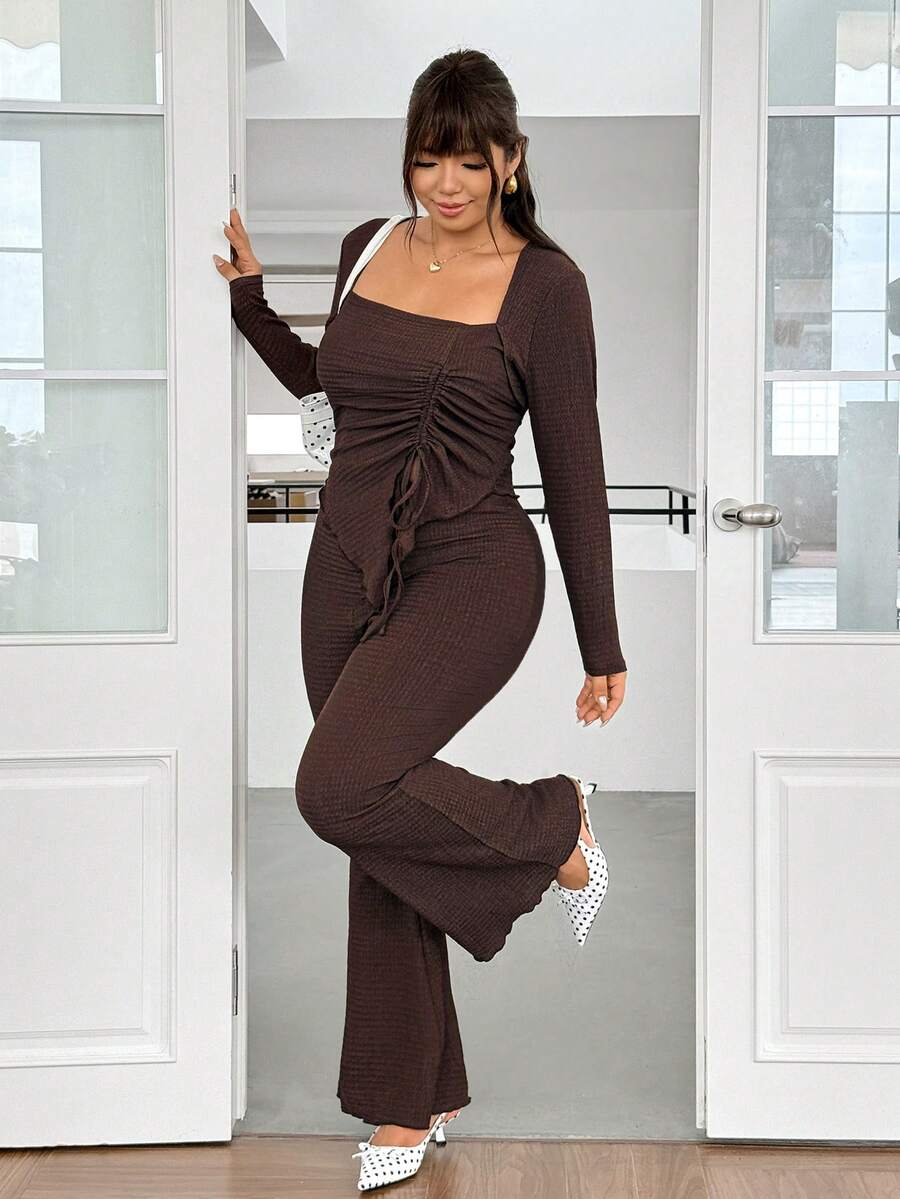 GalTyme Plus Size Women's Casual Asymmetrical Hem Tie Top And Flared Leg Pants Set Fall