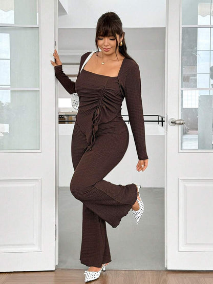 GalTyme Plus Size Women's Casual Asymmetrical Hem Tie Top And Flared Leg Pants Set Fall