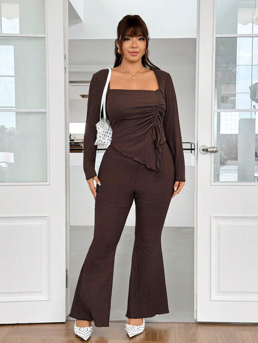 GalTyme Plus Size Women's Casual Asymmetrical Hem Tie Top And Flared Leg Pants Set Fall