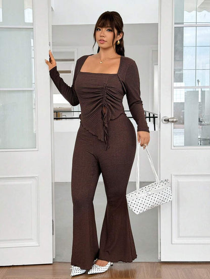 GalTyme Plus Size Women's Casual Asymmetrical Hem Tie Top And Flared Leg Pants Set Fall