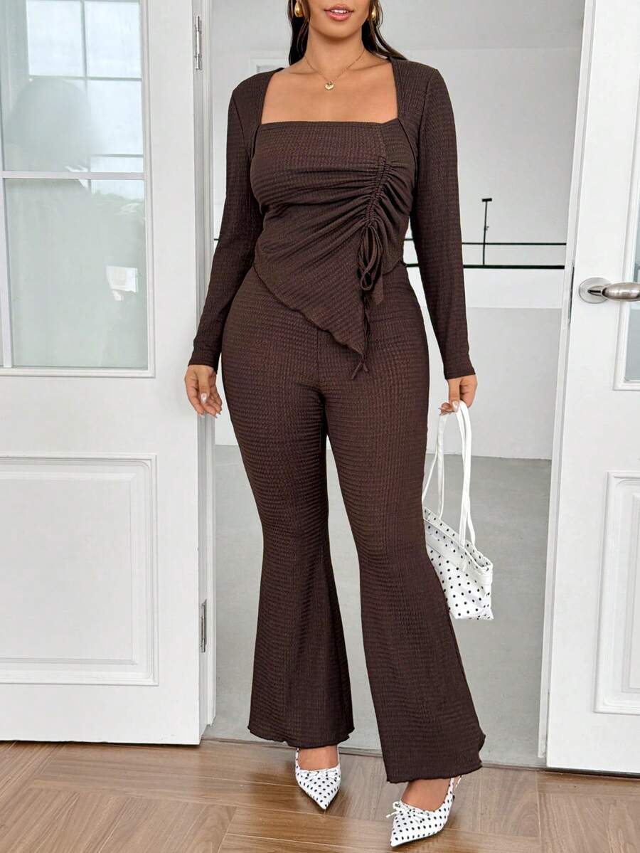 GalTyme Plus Size Women's Casual Asymmetrical Hem Tie Top And Flared Leg Pants Set Fall
