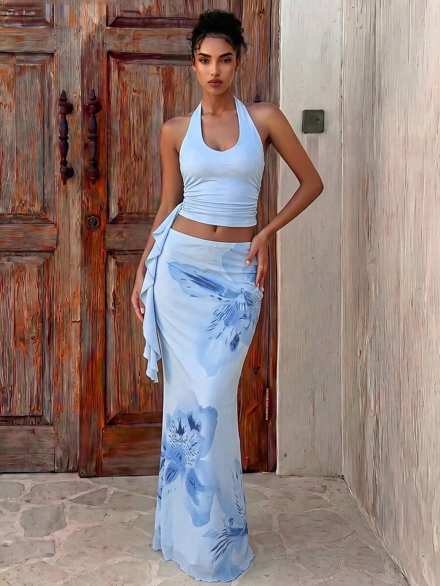 Aloruh Women's Summer Vacation Outfit: Tropical Floral Print Draped Neck Crop Top And Mermaid Ruffle Skirt Sexy Set. Summer Beachwear, Bohemian Tropical Vacation Women's Wear, Floral Mesh Women's Beachwear, Yellow Floral Print Set, Resort Wear, Vacationco