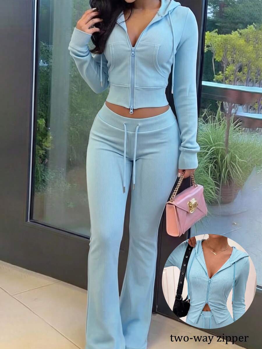 Eryvara Women's Casual Streetwear Fitted Hooded Zip-Up Sweatshirt And Blue Flare Pants Set, Autumn/Winter Daily Casual Fashion Outfit