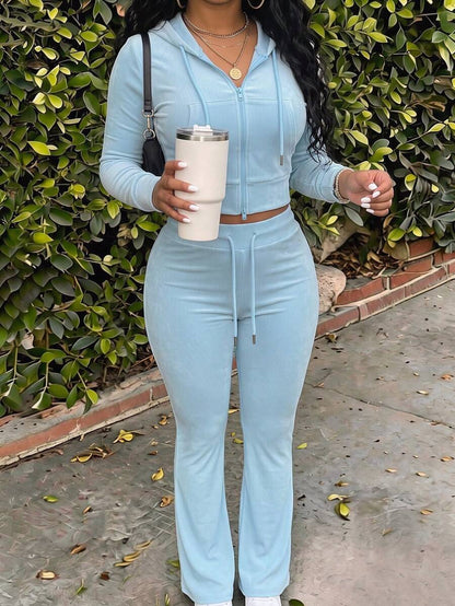 Eryvara Women's Casual Streetwear Fitted Hooded Zip-Up Sweatshirt And Blue Flare Pants Set, Autumn/Winter Daily Casual Fashion Outfit