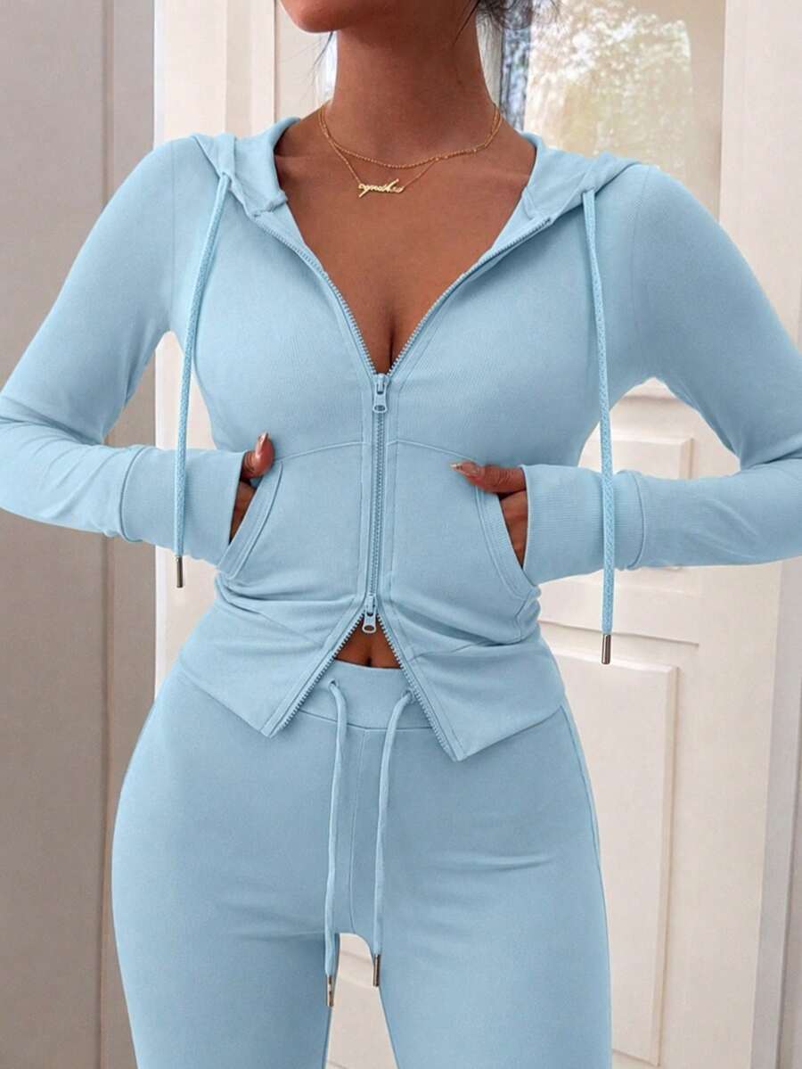 Eryvara Women's Casual Streetwear Fitted Hooded Zip-Up Sweatshirt And Blue Flare Pants Set, Autumn/Winter Daily Casual Fashion Outfit