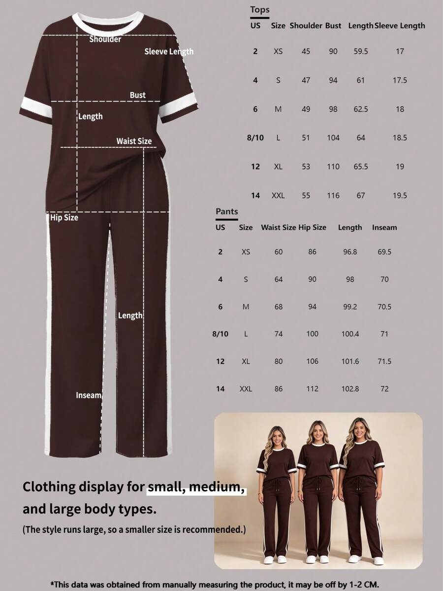 Spring/Summer Women's Casual Matching Contrast Color Round Neck Short Sleeve Top And High Waist Drawstring Straight Leg Pants 2 Pieces Set Elegant