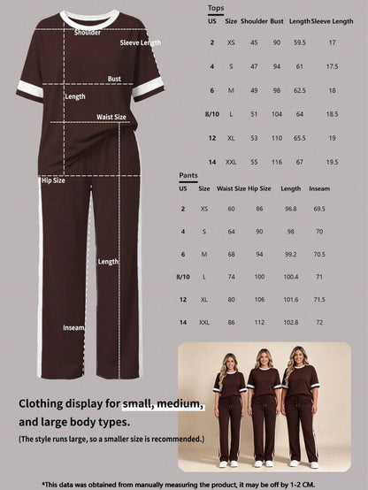 Spring/Summer Women's Casual Matching Contrast Color Round Neck Short Sleeve Top And High Waist Drawstring Straight Leg Pants 2 Pieces Set Elegant
