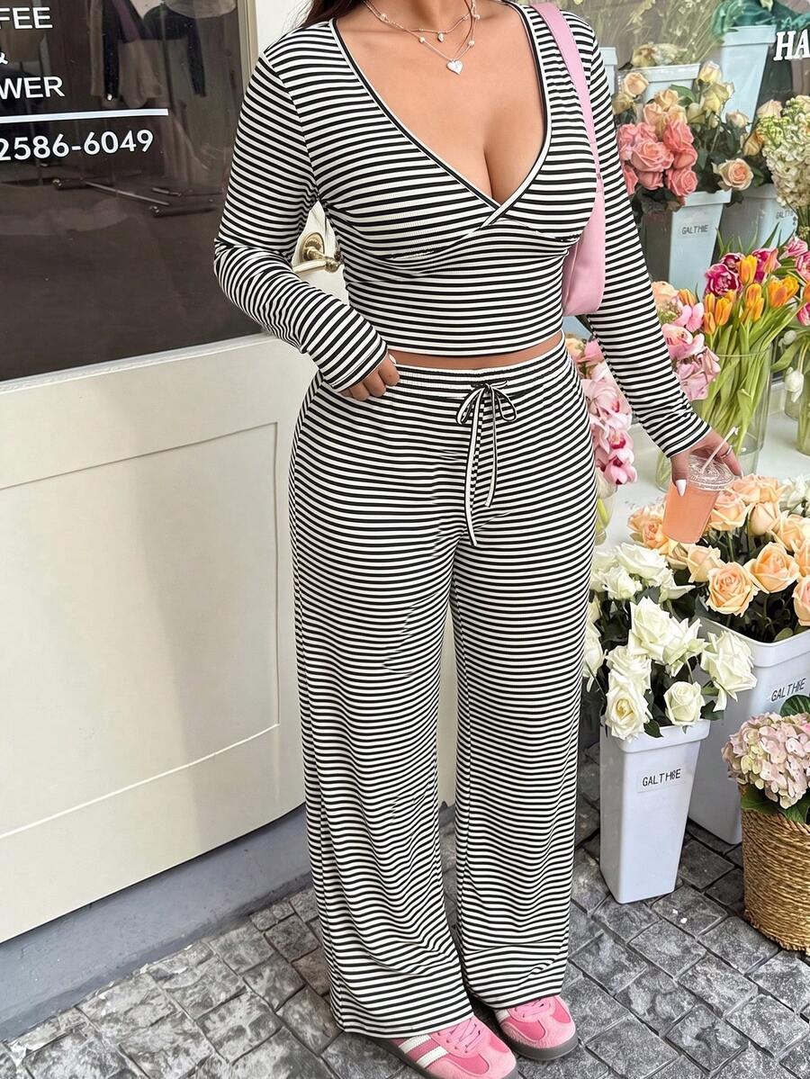 GalTyme Plus Size Contrast Color Long Sleeve Top & Pants 2 Pieces Set,Cerise Pink,Autumn,Smart Casual,Everyday,Chic Elegant Y2k Party Christmas Vacation Fall