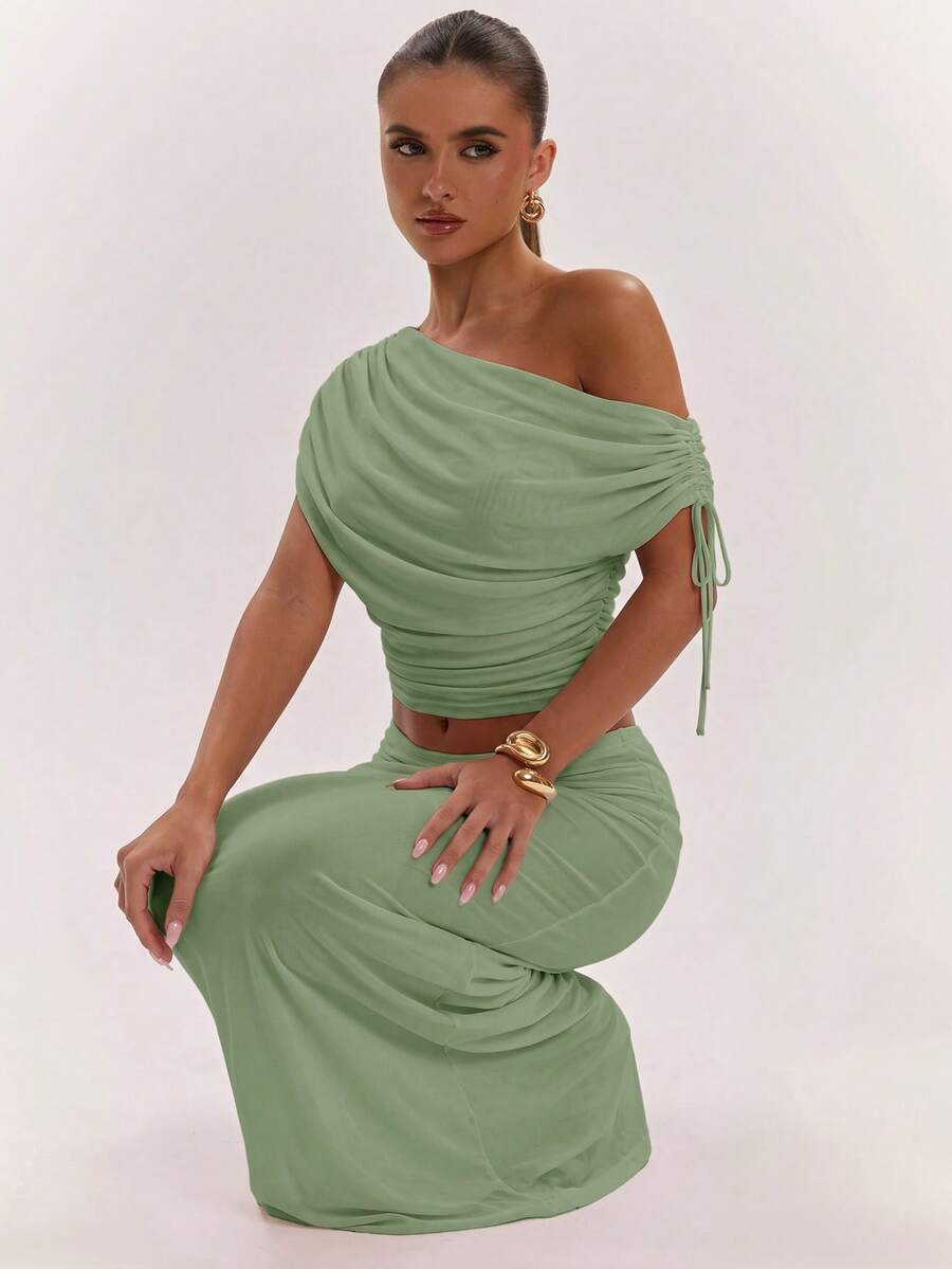 SHEIN BAE Women's Solid Color Asymmetrical Neck Top And Skirt Casual 2 Pieces Set