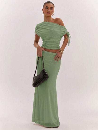 SHEIN BAE Women's Solid Color Asymmetrical Neck Top And Skirt Casual 2 Pieces Set