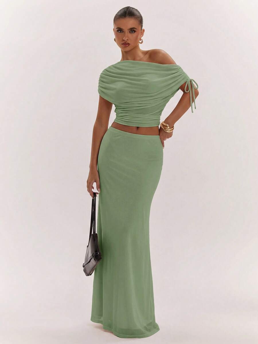 SHEIN BAE Women's Solid Color Asymmetrical Neck Top And Skirt Casual 2 Pieces Set