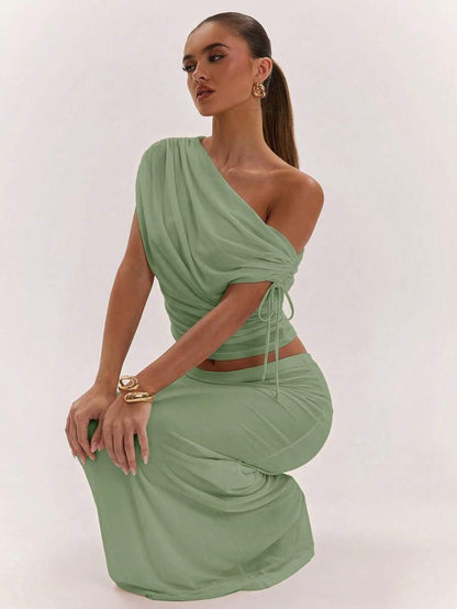 SHEIN BAE Women's Solid Color Asymmetrical Neck Top And Skirt Casual 2 Pieces Set