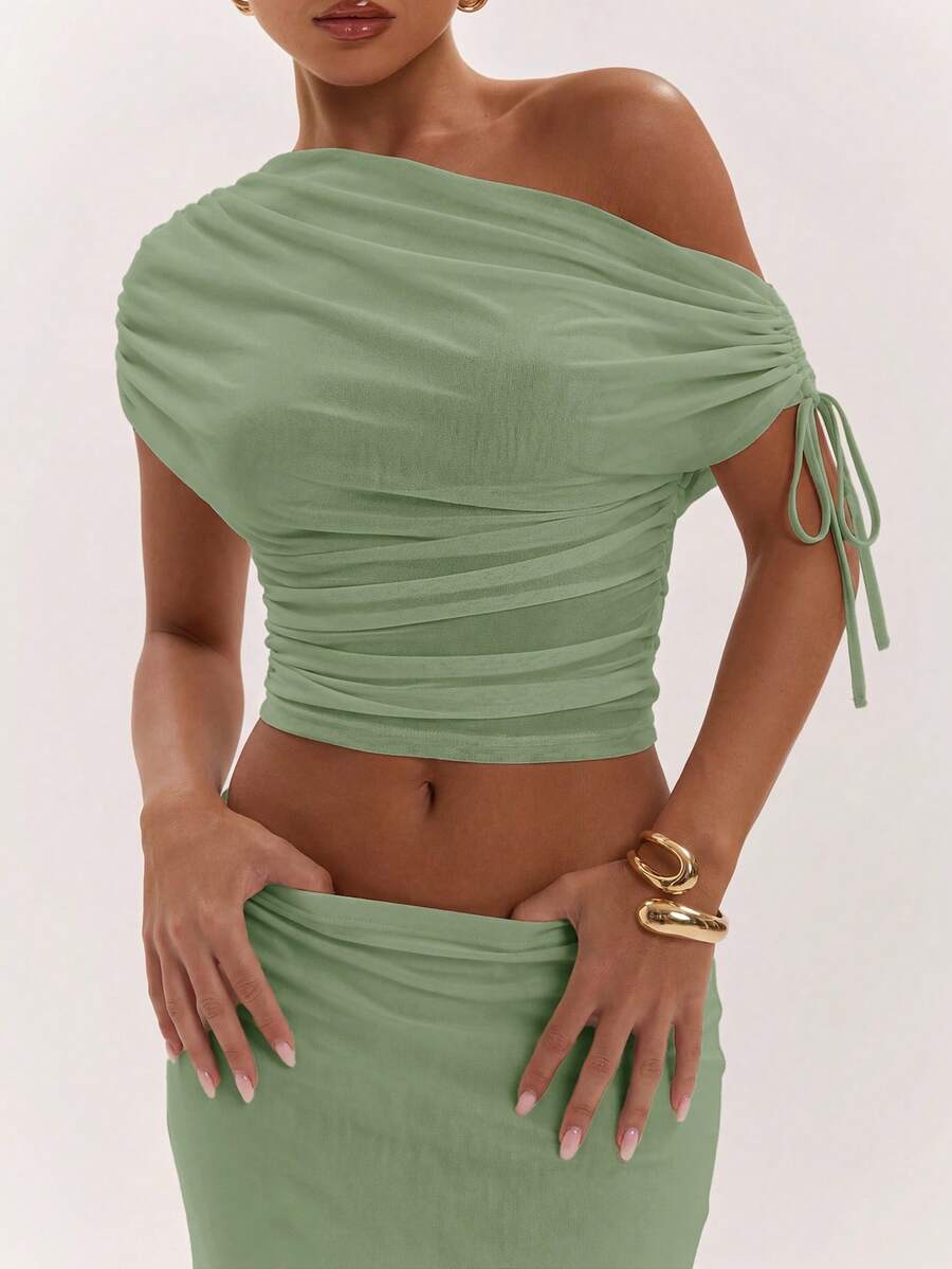 SHEIN BAE Women's Solid Color Asymmetrical Neck Top And Skirt Casual 2 Pieces Set